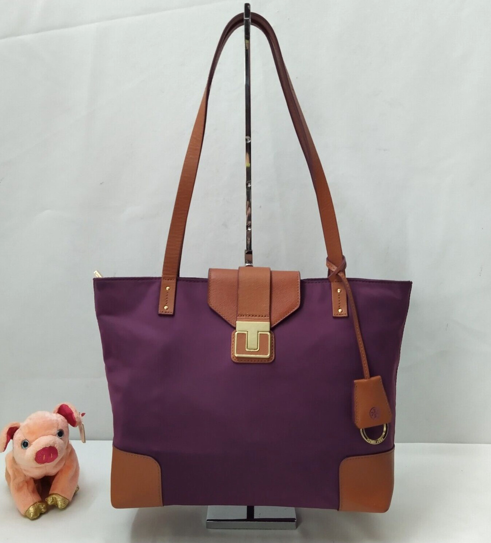 Tory Burch Purple Nylon Brown Leather Trim Double Handle Satchel Shoulder Bag